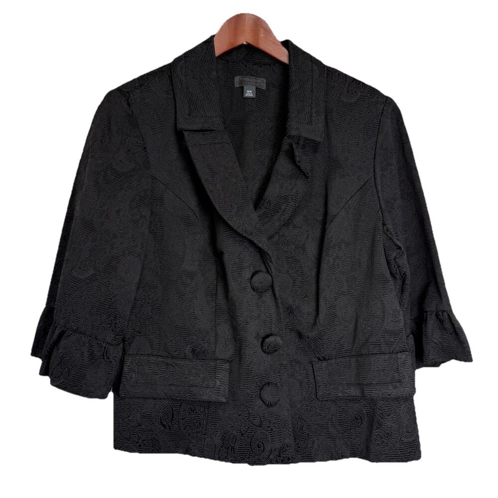 Dressbarn Woman 16W Black Blazer Jacket Textured Ruffle Sleeve Button Front